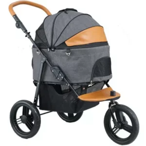 Gray and orange dog stroller