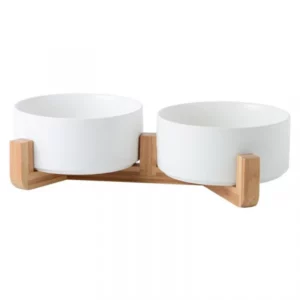 Double bowl with wooden support for dogs