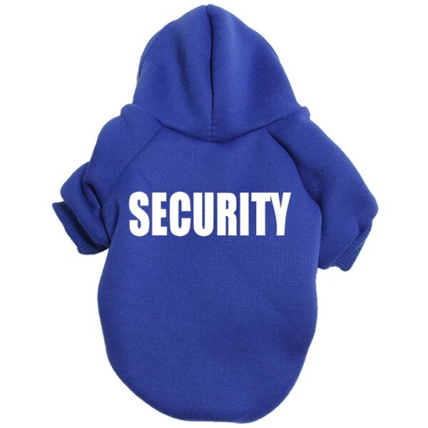 Dog hoodie with “security” writing