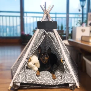 Gray dog ​​bed in the shape of a linen teepee