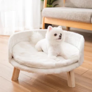 Round and white dog sofa with wooden legs